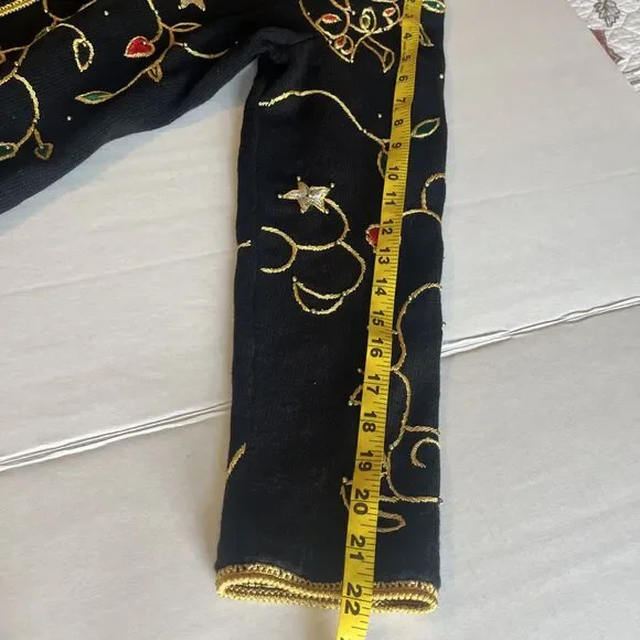 Vintage 1998 Michael Simon Christmas Cardigan Womens L Black Gold Trim Beaded - Picture 13 of 14